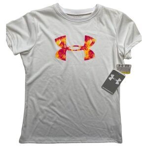 Girls Under Armour White Logo Loose Heat Gear Short Sleeve Top Sz YSM Small NEW‎